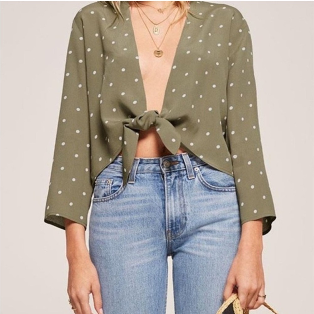 Reformation Top Sage Green Polka Dot Long Sleeve Crop Deep V-neck Front Tie